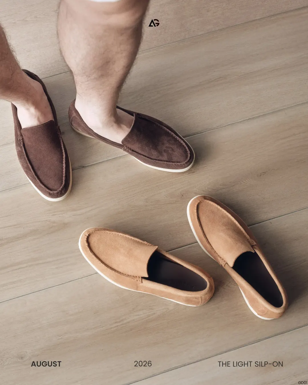 August shoe ad example: a man wearing brown suede slip-ons beside a tan pair on light wood flooring