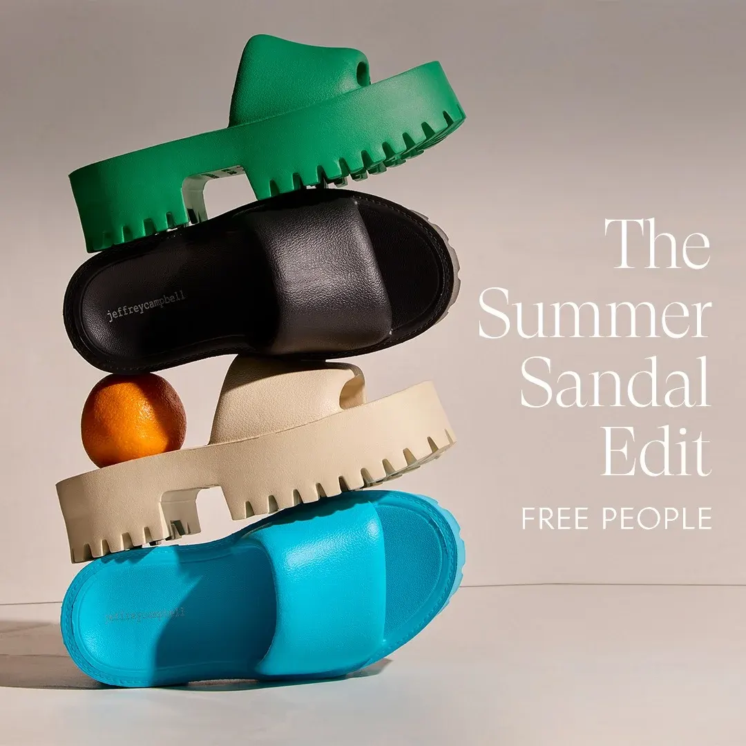 Free People shoe ad example: green, black, cream and blue lug-sole slides stacked with an orange, The Summer Sandal Edit