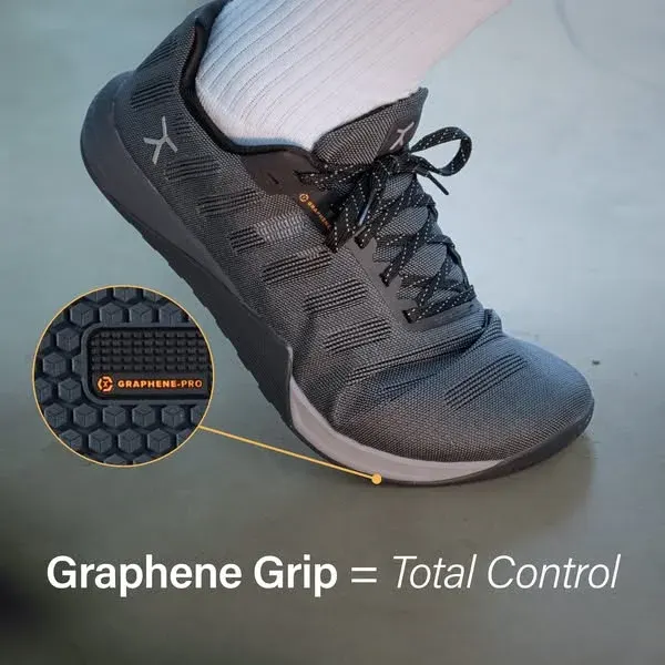 Flux training shoe ad example: a gray trainer on a foot with a circular magnified inset of its graphene outsole tread