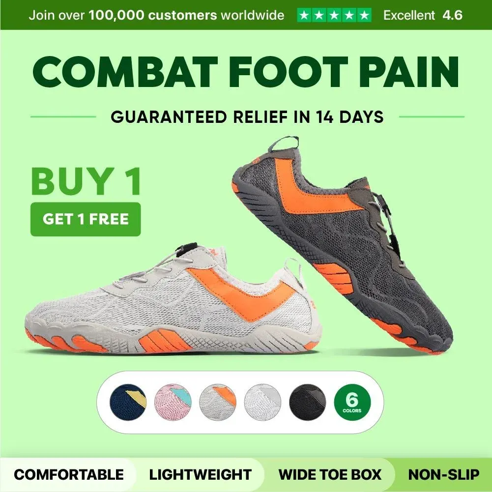 Barestep shoe ad example: gray and orange barefoot shoes on green under Combat foot pain, guaranteed relief in 14 days, buy 1 get 1 free