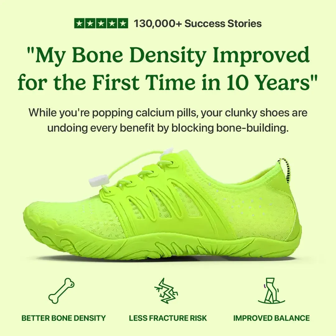 Barestep shoe ad example: a neon barefoot shoe under a quote about improved bone density with icons for bone density, fracture risk, and balance