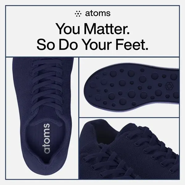 Atoms shoe ad example: a four-panel grid of a navy knit shoe showing insole, outsole, and upper under You Matter. So Do Your Feet.