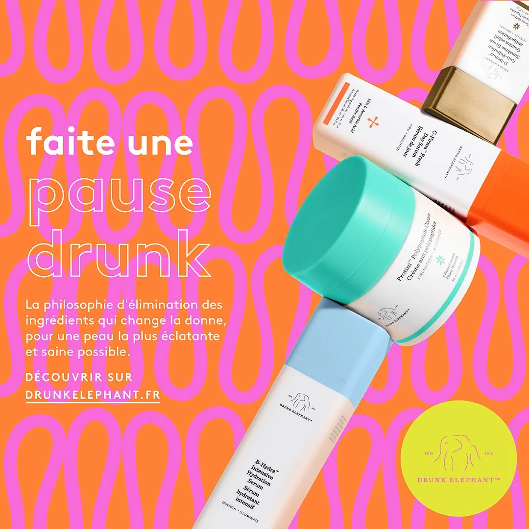 Drunk Elephant colorful product cluster skincare ad