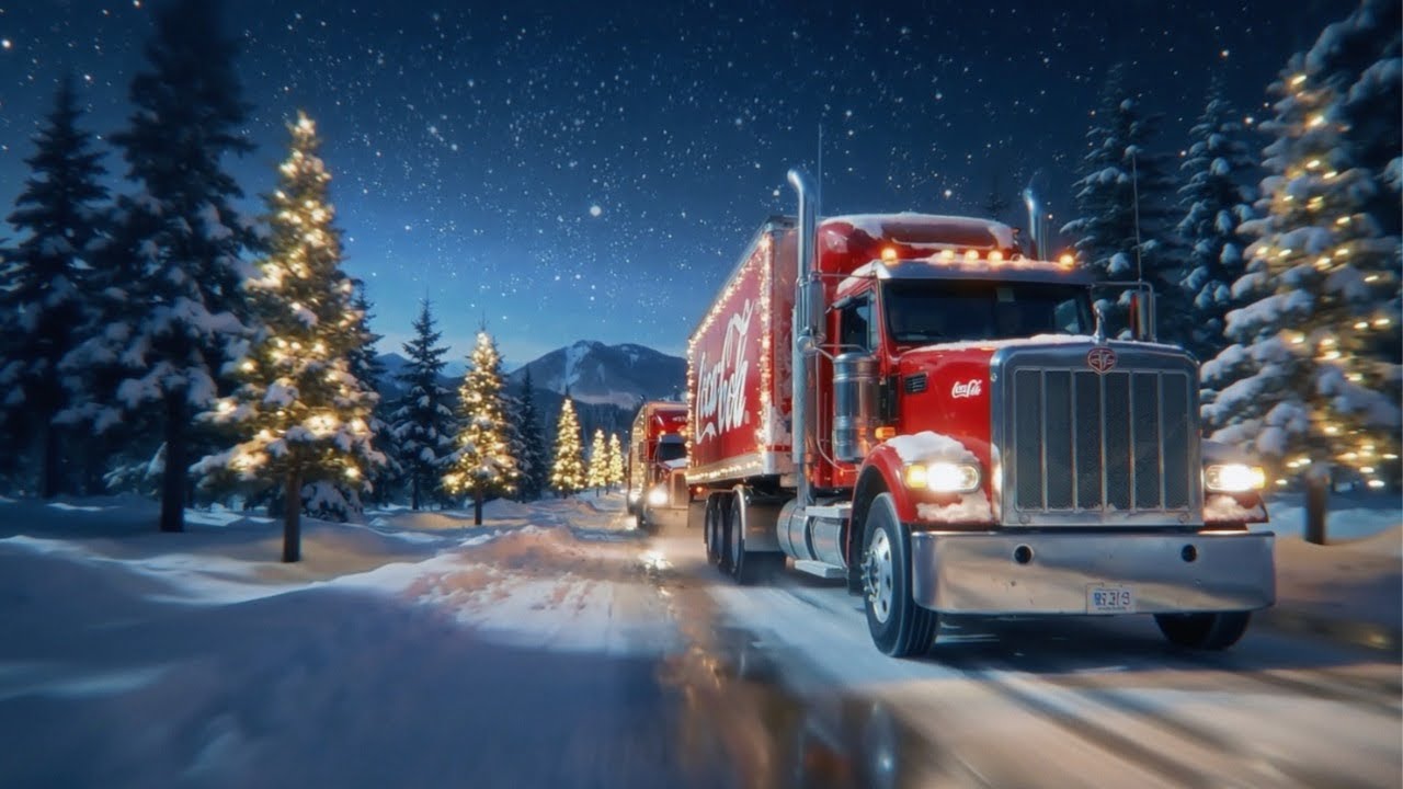 Coca-Cola Holidays Are Coming 2025: AI-generated red Coca-Cola trucks driving through a snowy forest at night