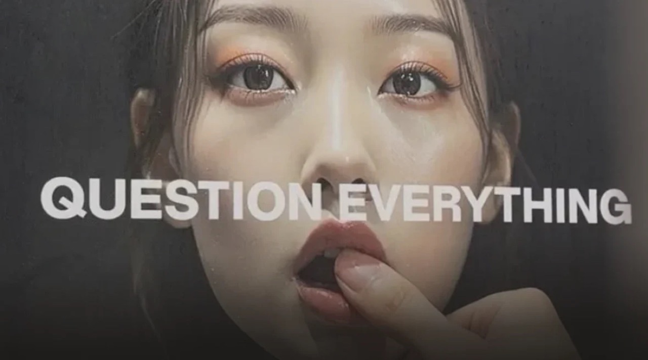 Equinox Question Everything poster: an AI-generated East Asian woman with a finger in her mouth