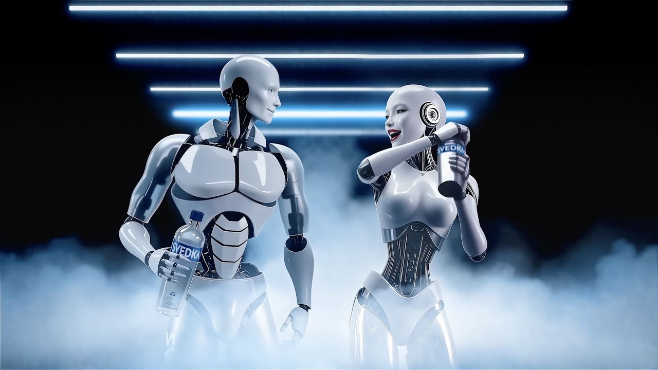 Svedka Shake Your Bots Off: two AI-generated robots holding Svedka bottles, the only AI-generated Super Bowl LX commercial