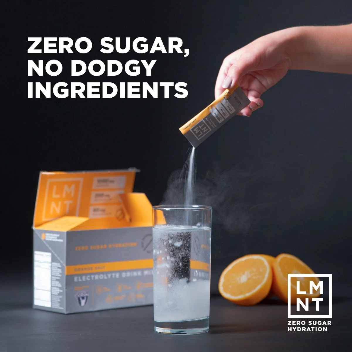 LMNT electrolyte supplement ad example with zero sugar clean-label messaging