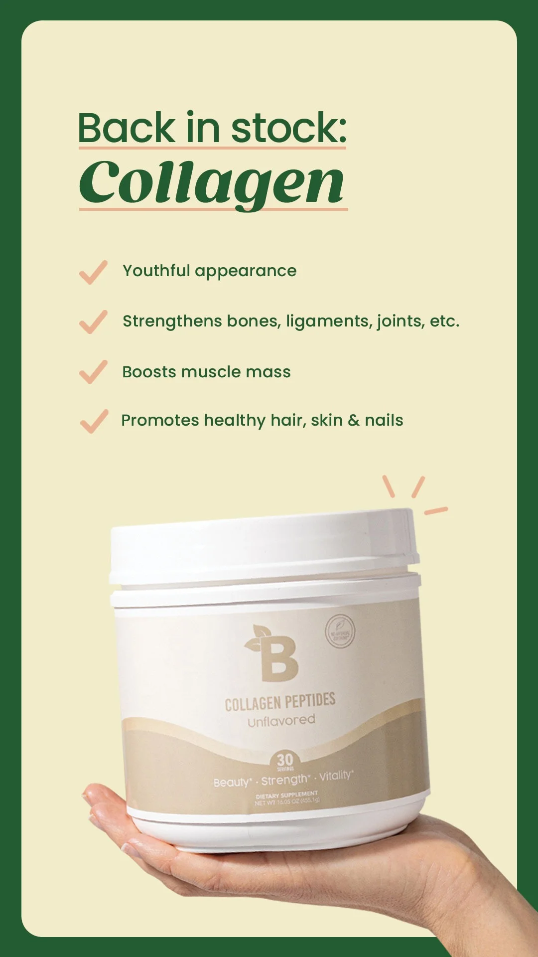 Bloom Nutrition collagen ad example with a benefit checklist layout