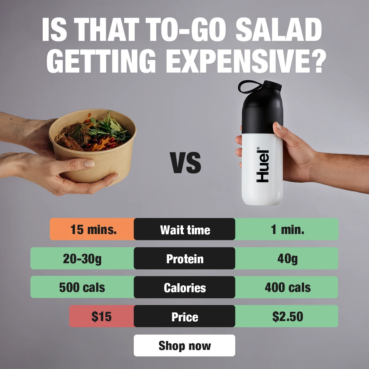 Huel ad example comparing price against a to-go salad