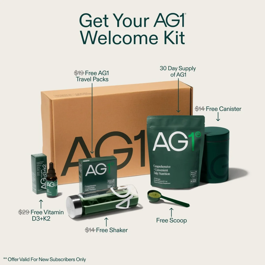 AG1 welcome kit ad example with a strikethrough value stack